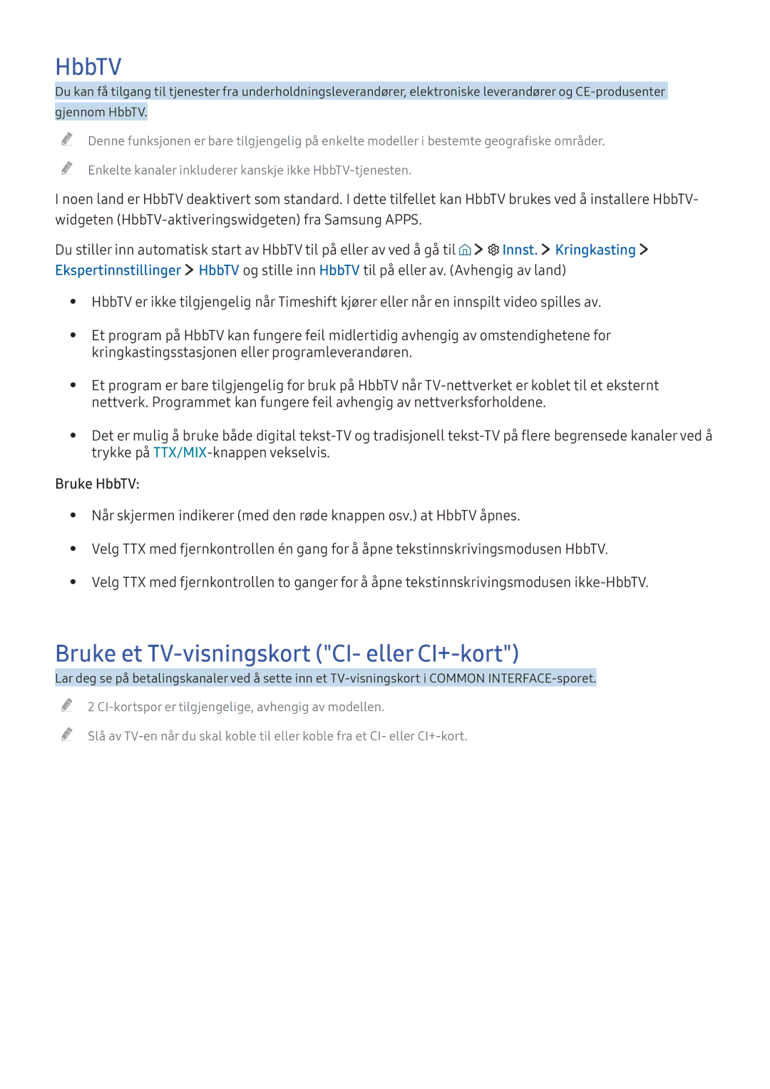 Samsung UE40K5515AKXXE, UE49K5515AKXXE manual HbbTV, Bruke et TV-visningskort CI- eller CI+-kort, Innst. Kringkasting 