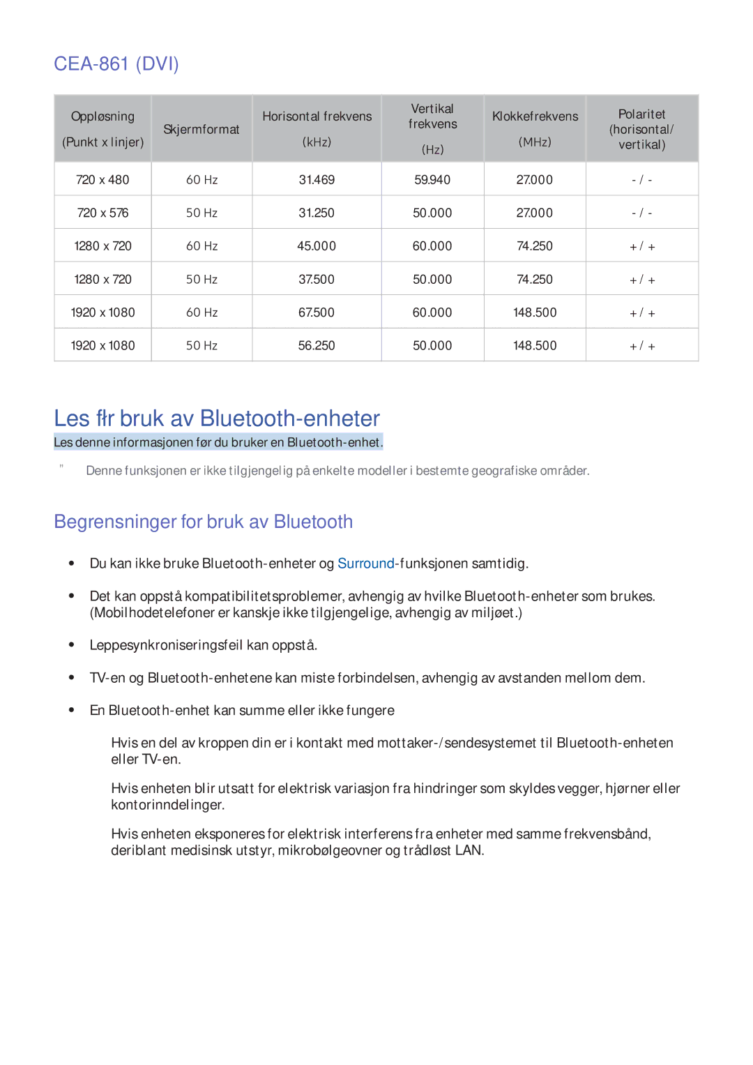 Samsung UE55K5515AKXXE, UE49K5515AKXXE Les før bruk av Bluetooth-enheter, CEA-861 DVI, Begrensninger for bruk av Bluetooth 