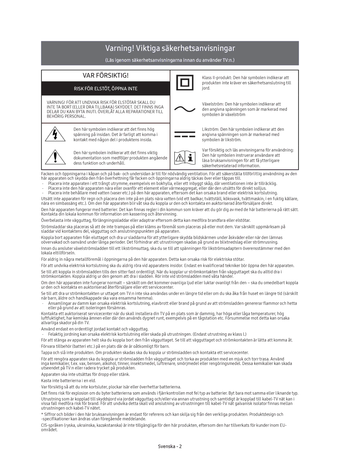 Samsung UE49K5605AKXXE, UE49K5515AKXXE, UE55K5505AKXXE, UE32K5605AKXXE manual Varning! Viktiga säkerhetsanvisningar, Svenska 