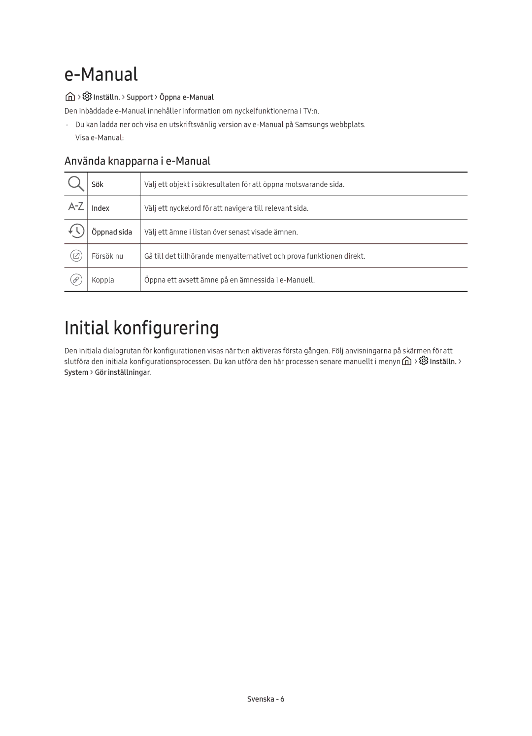 Samsung UE49K5505AKXXE manual Initial konfigurering, Använda knapparna i e-Manual, Inställn. Support Öppna e-Manual 