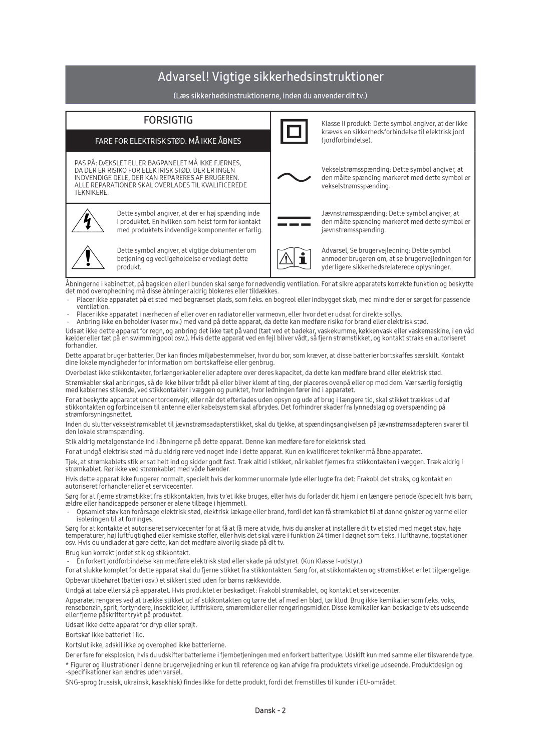 Samsung UE40K5515AKXXE, UE49K5515AKXXE, UE55K5505AKXXE, UE32K5605AKXXE, UE32K5505AKXXE, UE40K5605AKXXE manual Forsigtig, Dansk 