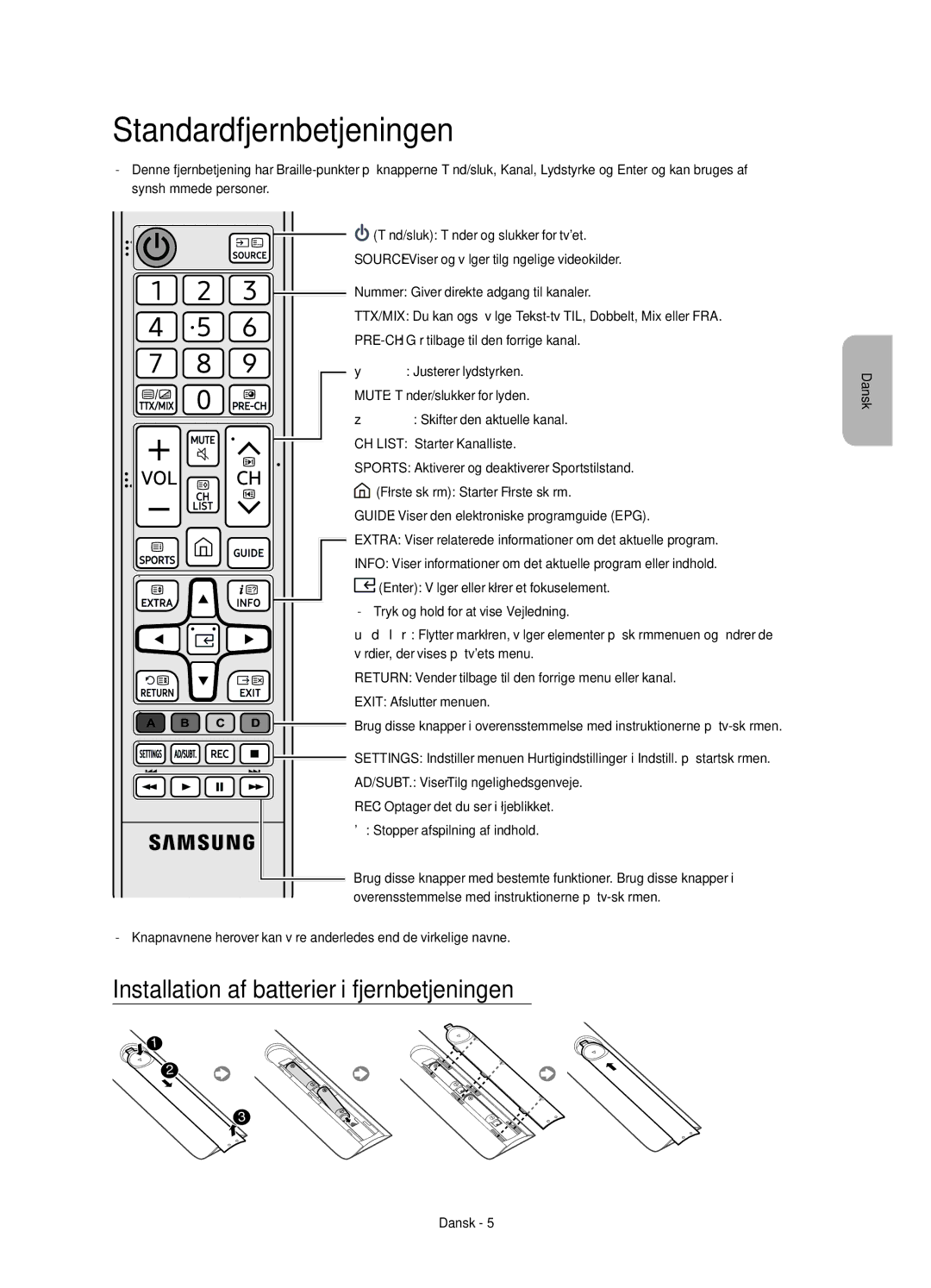 Samsung UE49K5515AKXXE Standardfjernbetjeningen, Installation af batterier i fjernbetjeningen, CH List Starter Kanalliste 