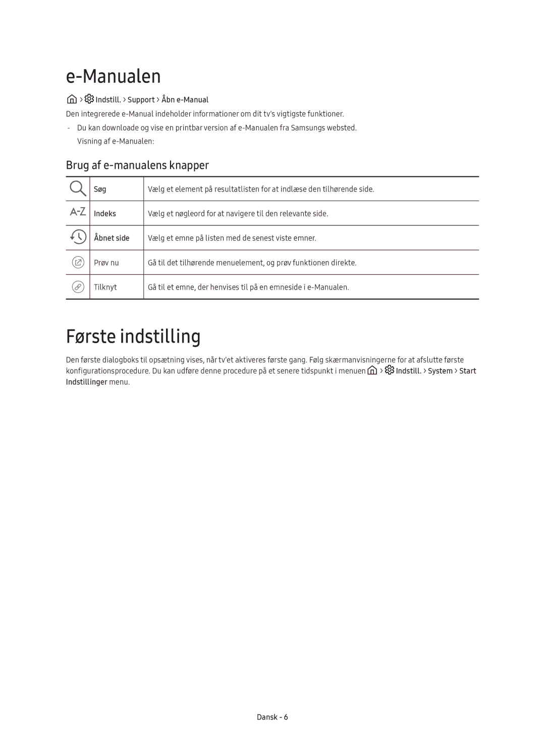 Samsung UE55K5505AKXXE Manualen, Første indstilling, Brug af e-manualens knapper, Indstill. Support Åbn e-Manual 