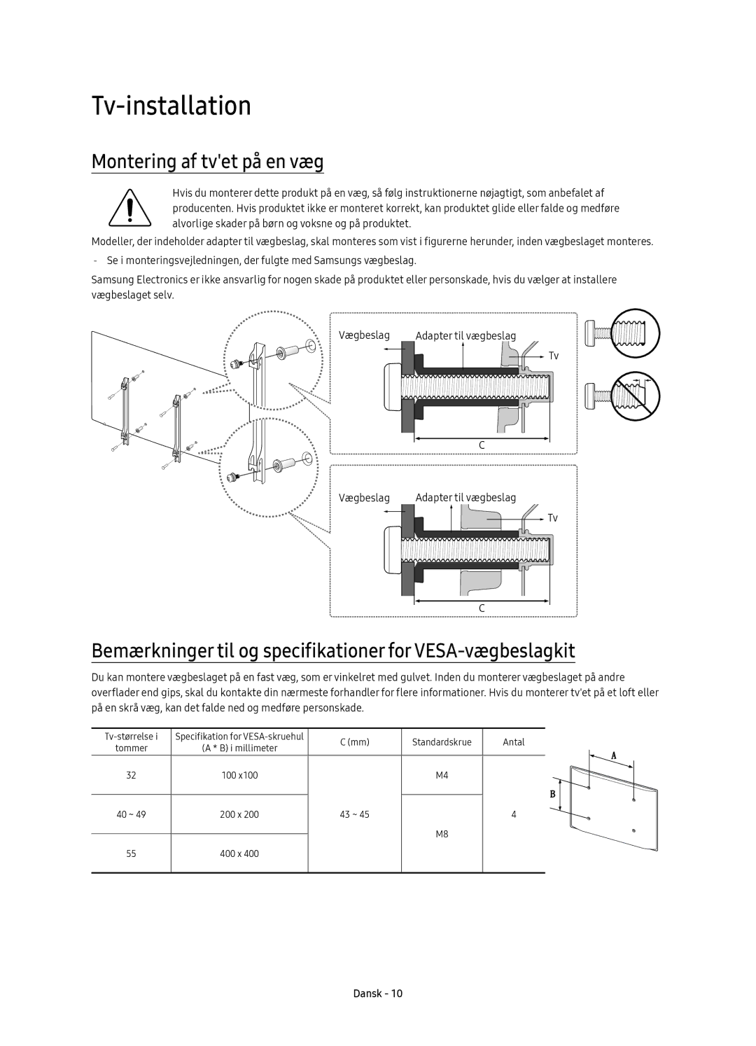 Samsung UE49K5605AKXXE manual Montering af tvet på en væg, Bemærkninger til og specifikationer for VESA-vægbeslagkit 