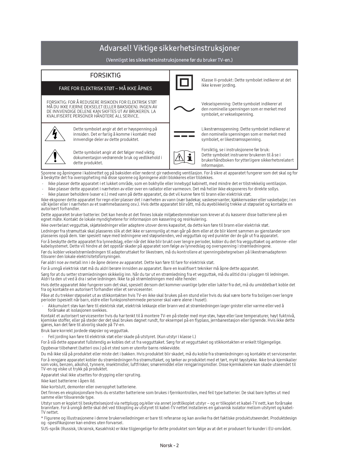 Samsung UE49K5515AKXXE, UE55K5505AKXXE, UE32K5605AKXXE, UE32K5505AKXXE, UE40K5605AKXXE, UE49K5605AKXXE manual Forsiktig, Norsk 