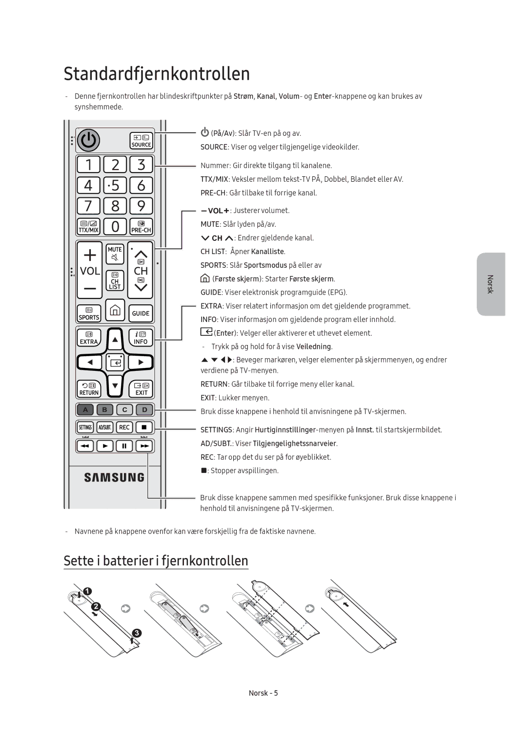 Samsung UE32K5505AKXXE manual Standardfjernkontrollen, Sette i batterier i fjernkontrollen, CH List Åpner Kanalliste 