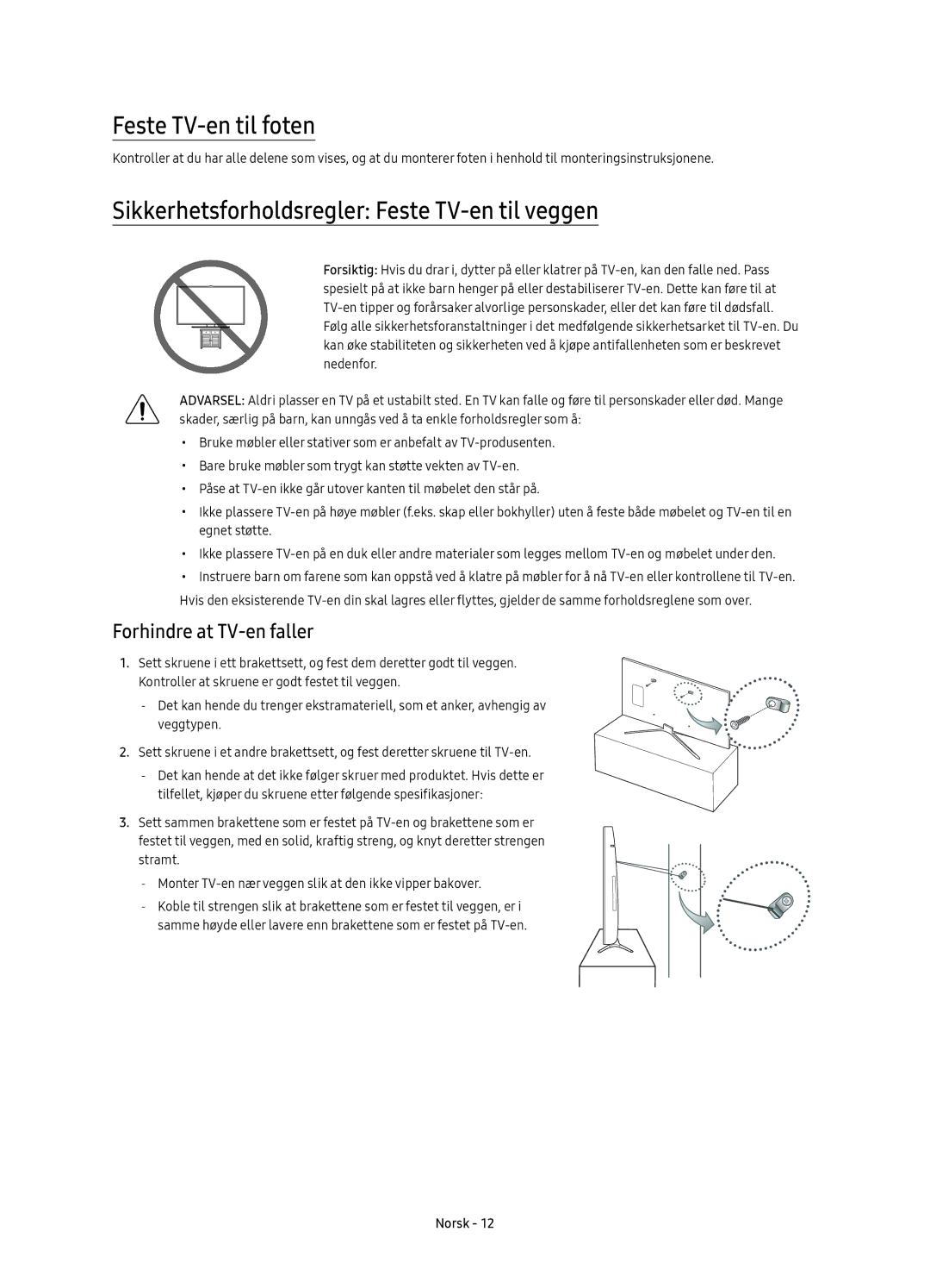 Samsung UE55K5515AKXXE Feste TV-en til foten, Sikkerhetsforholdsregler Feste TV-en til veggen, Forhindre at TV-en faller 