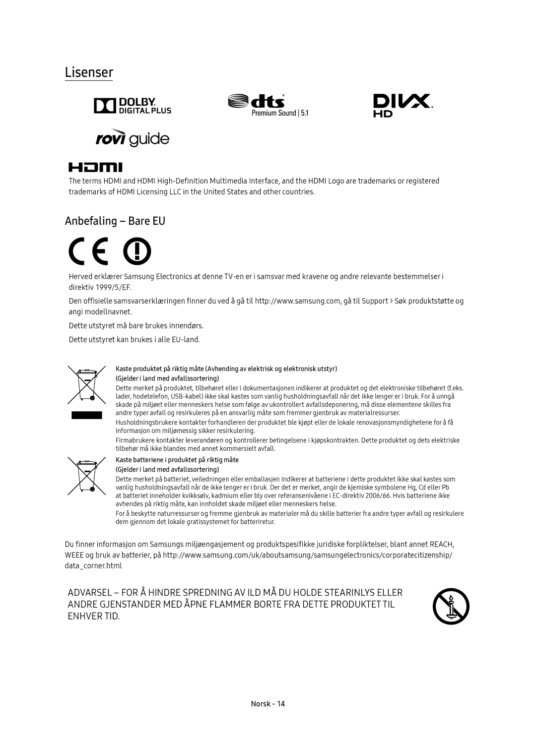 Samsung UE55K5505AKXXE, UE49K5515AKXXE, UE32K5605AKXXE, UE32K5505AKXXE, UE40K5605AKXXE manual Lisenser, Anbefaling Bare EU 