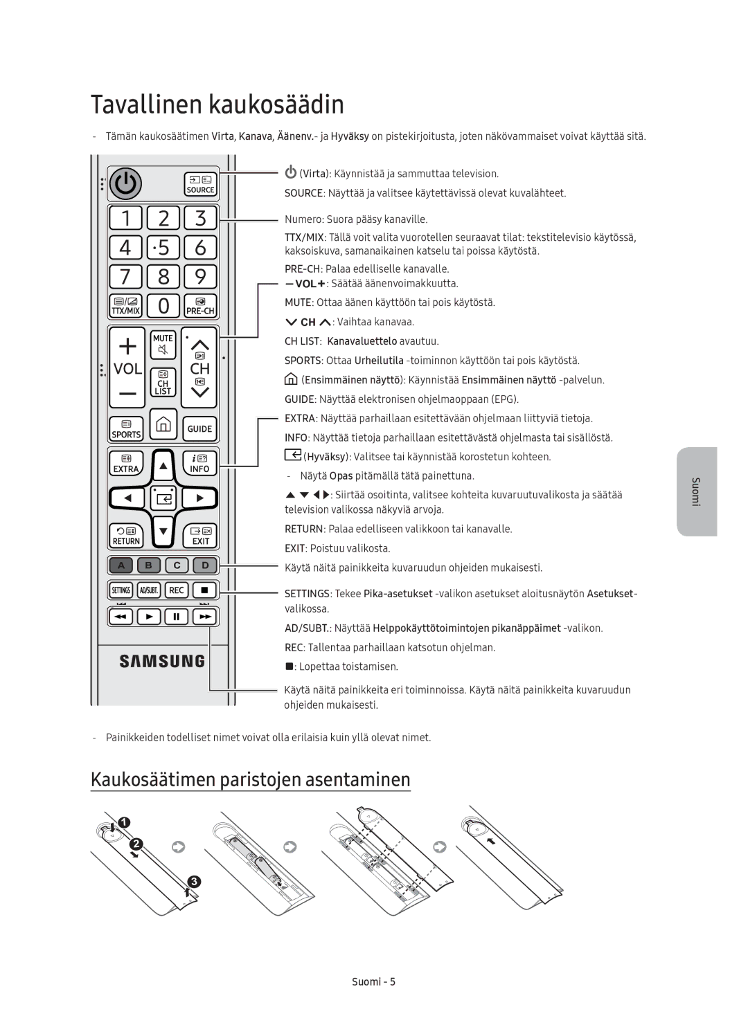 Samsung UE55K5605AKXXE manual Tavallinen kaukosäädin, Kaukosäätimen paristojen asentaminen, CH List Kanavaluettelo avautuu 