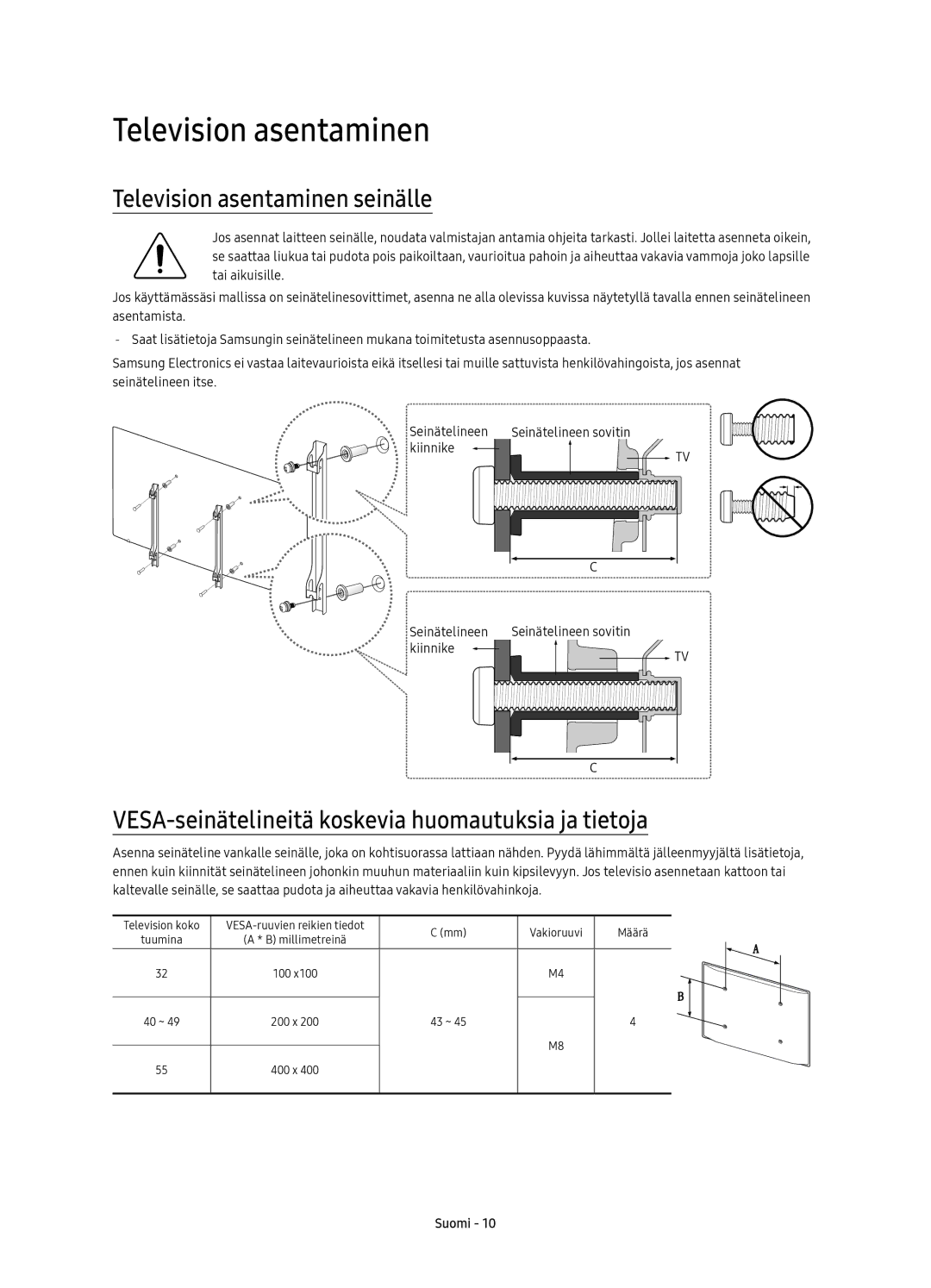 Samsung UE49K5515AKXXE manual Television asentaminen seinälle, VESA-seinätelineitä koskevia huomautuksia ja tietoja 