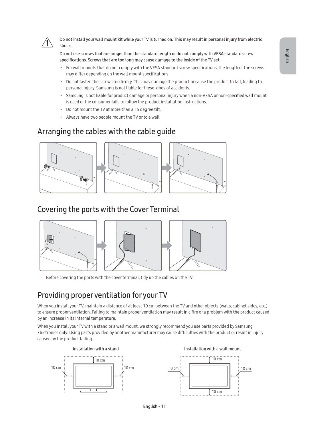 Samsung UE55KS7005UXXE, UE49KS7005UXXE, UE65KS7005UXXE, UE60KS7005UXXE manual Providing proper ventilation for your TV 