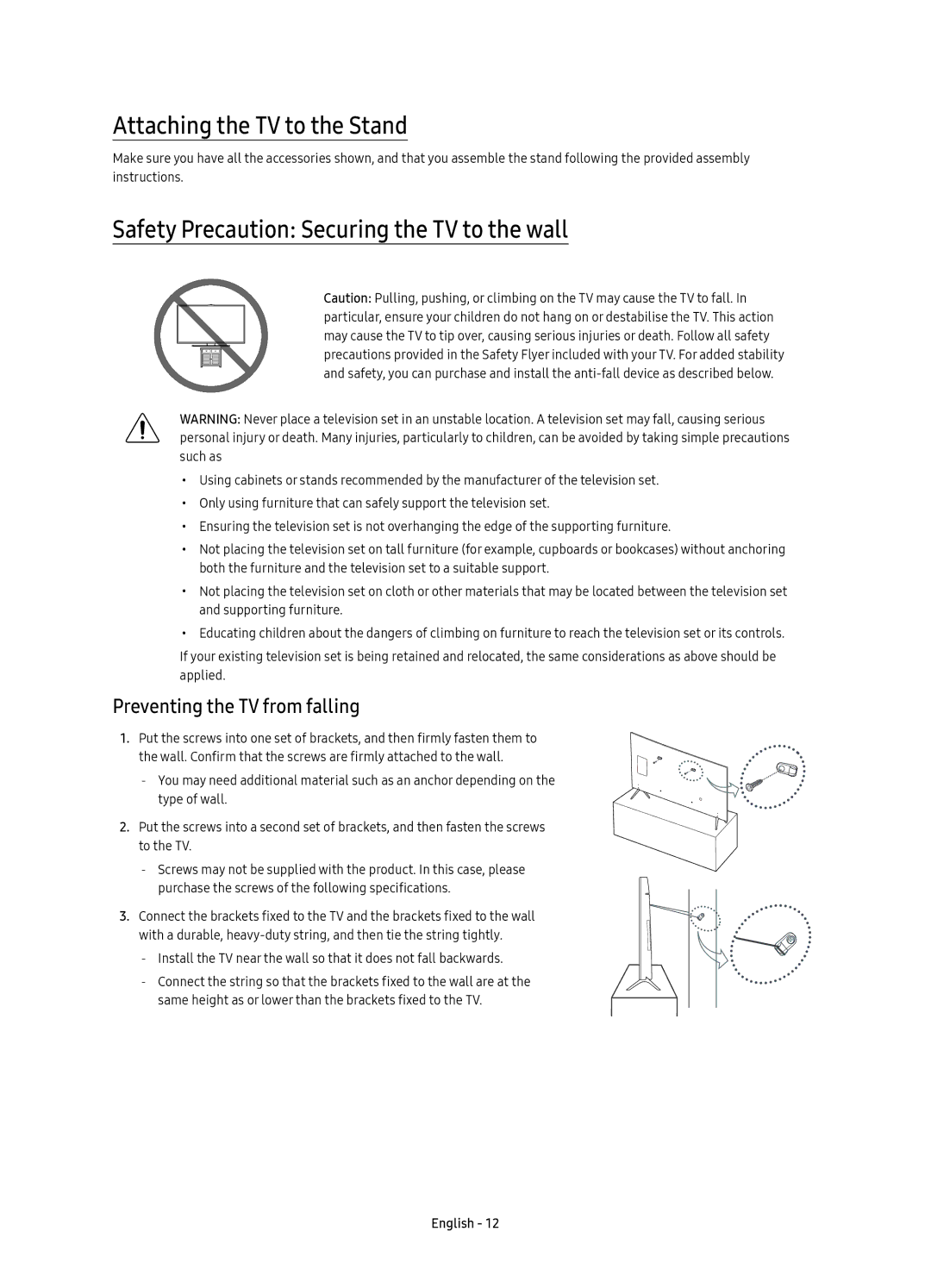 Samsung UE49KS7005UXXE, UE65KS7005UXXE manual Attaching the TV to the Stand, Safety Precaution Securing the TV to the wall 