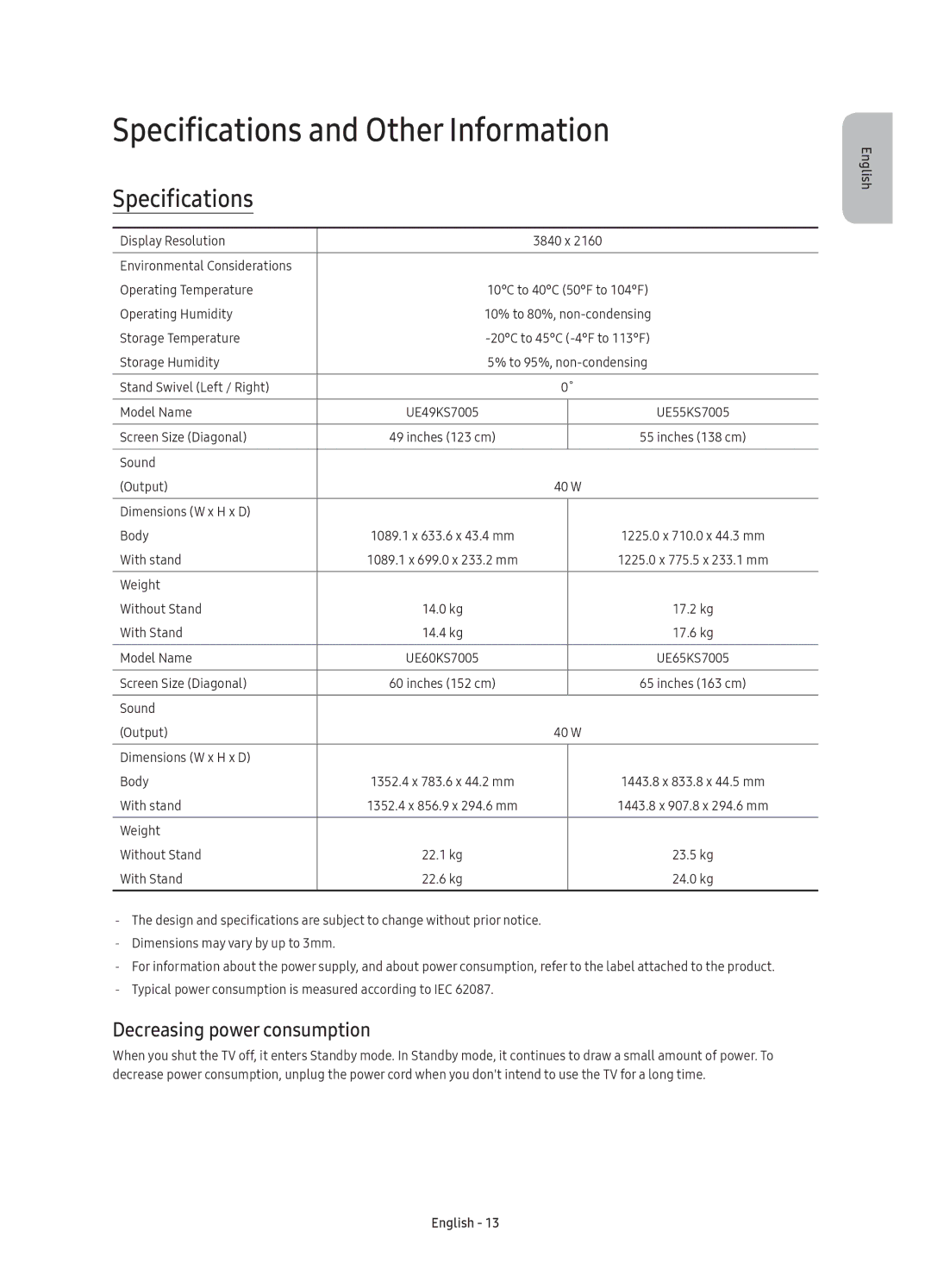 Samsung UE65KS7005UXXE, UE49KS7005UXXE, UE60KS7005UXXE Specifications and Other Information, Decreasing power consumption 