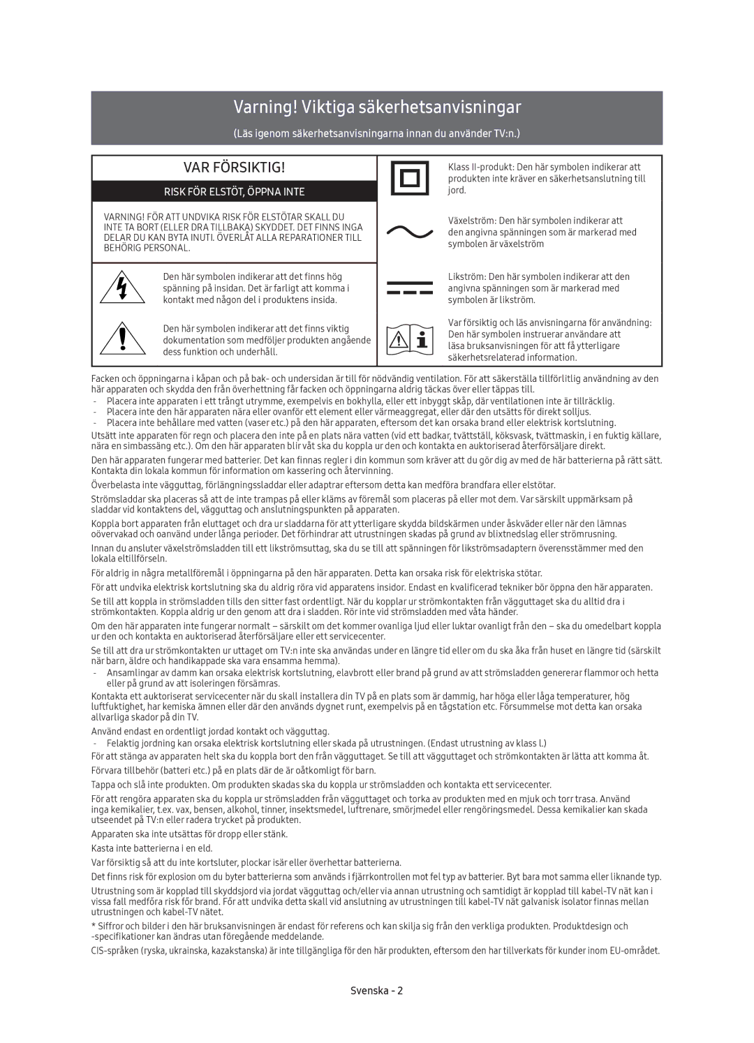 Samsung UE49KS7005UXXE, UE65KS7005UXXE, UE60KS7005UXXE, UE55KS7005UXXE manual Varning! Viktiga säkerhetsanvisningar 