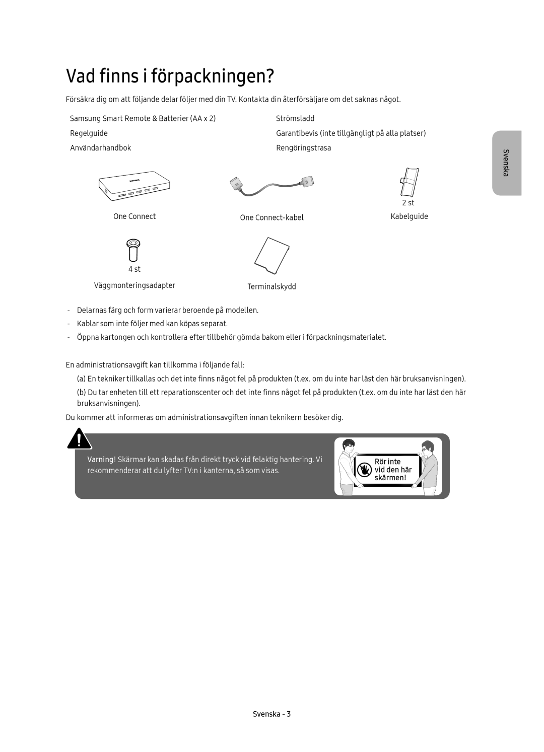 Samsung UE65KS7005UXXE, UE49KS7005UXXE, UE60KS7005UXXE manual Vad finns i förpackningen?, VäggmonteringsadapterTerminalskydd 