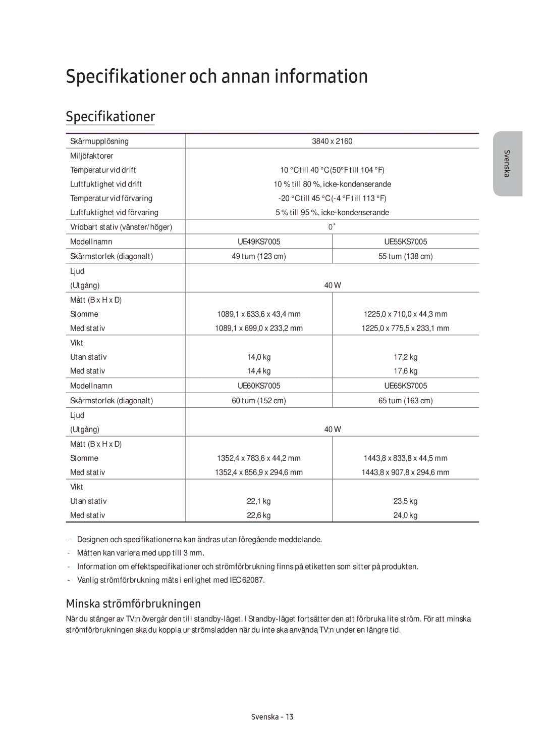 Samsung UE55KS7005UXXE, UE49KS7005UXXE, UE65KS7005UXXE Specifikationer och annan information, Minska strömförbrukningen 