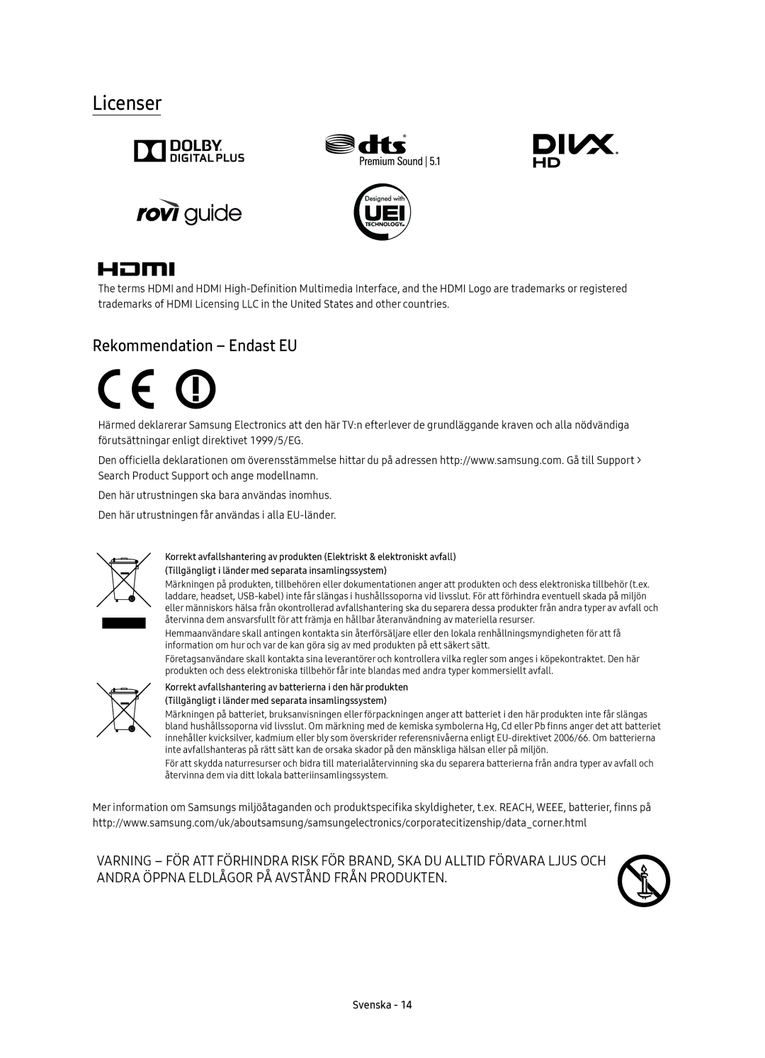 Samsung UE49KS7005UXXE, UE65KS7005UXXE, UE60KS7005UXXE, UE55KS7005UXXE manual Licenser, Rekommendation Endast EU 