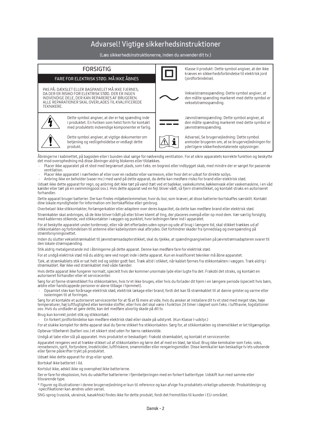 Samsung UE60KS7005UXXE, UE49KS7005UXXE, UE65KS7005UXXE, UE55KS7005UXXE manual Forsigtig 