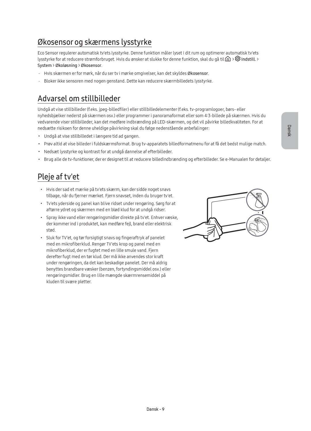 Samsung UE65KS7005UXXE, UE49KS7005UXXE, UE60KS7005UXXE, UE55KS7005UXXE manual Økosensor og skærmens lysstyrke, Pleje af tvet 