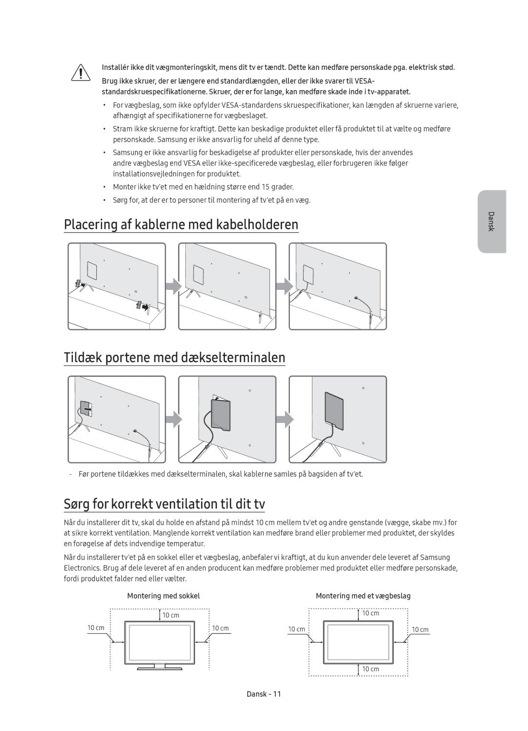 Samsung UE55KS7005UXXE, UE49KS7005UXXE, UE65KS7005UXXE, UE60KS7005UXXE manual Sørg for korrekt ventilation til dit tv 