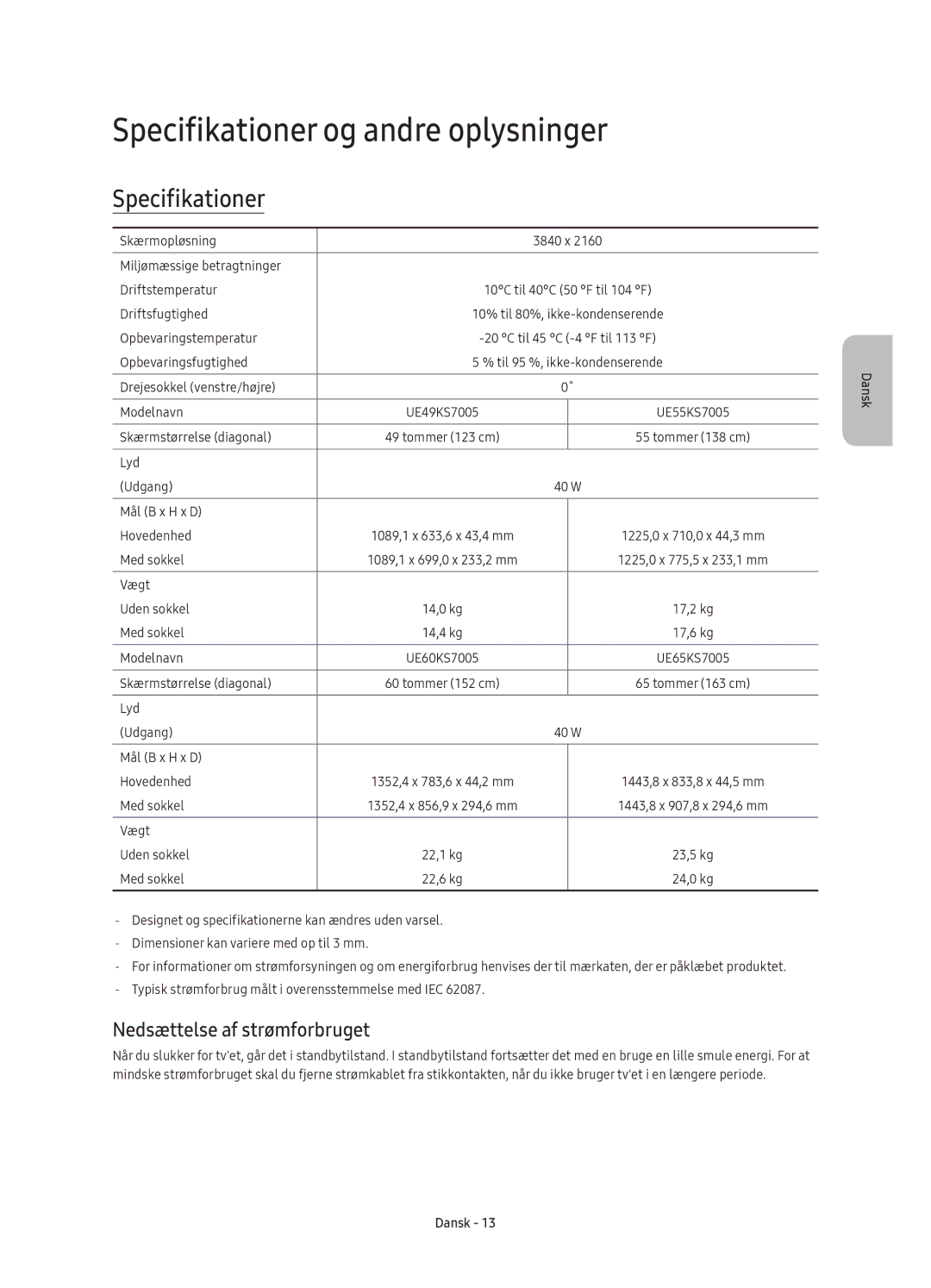 Samsung UE65KS7005UXXE, UE49KS7005UXXE, UE60KS7005UXXE Specifikationer og andre oplysninger, Nedsættelse af strømforbruget 