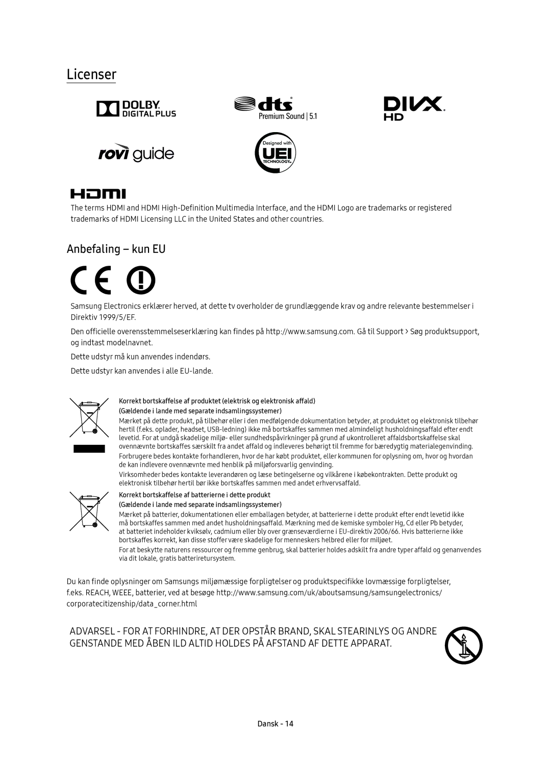 Samsung UE60KS7005UXXE, UE49KS7005UXXE, UE65KS7005UXXE, UE55KS7005UXXE manual Licenser, Anbefaling kun EU 