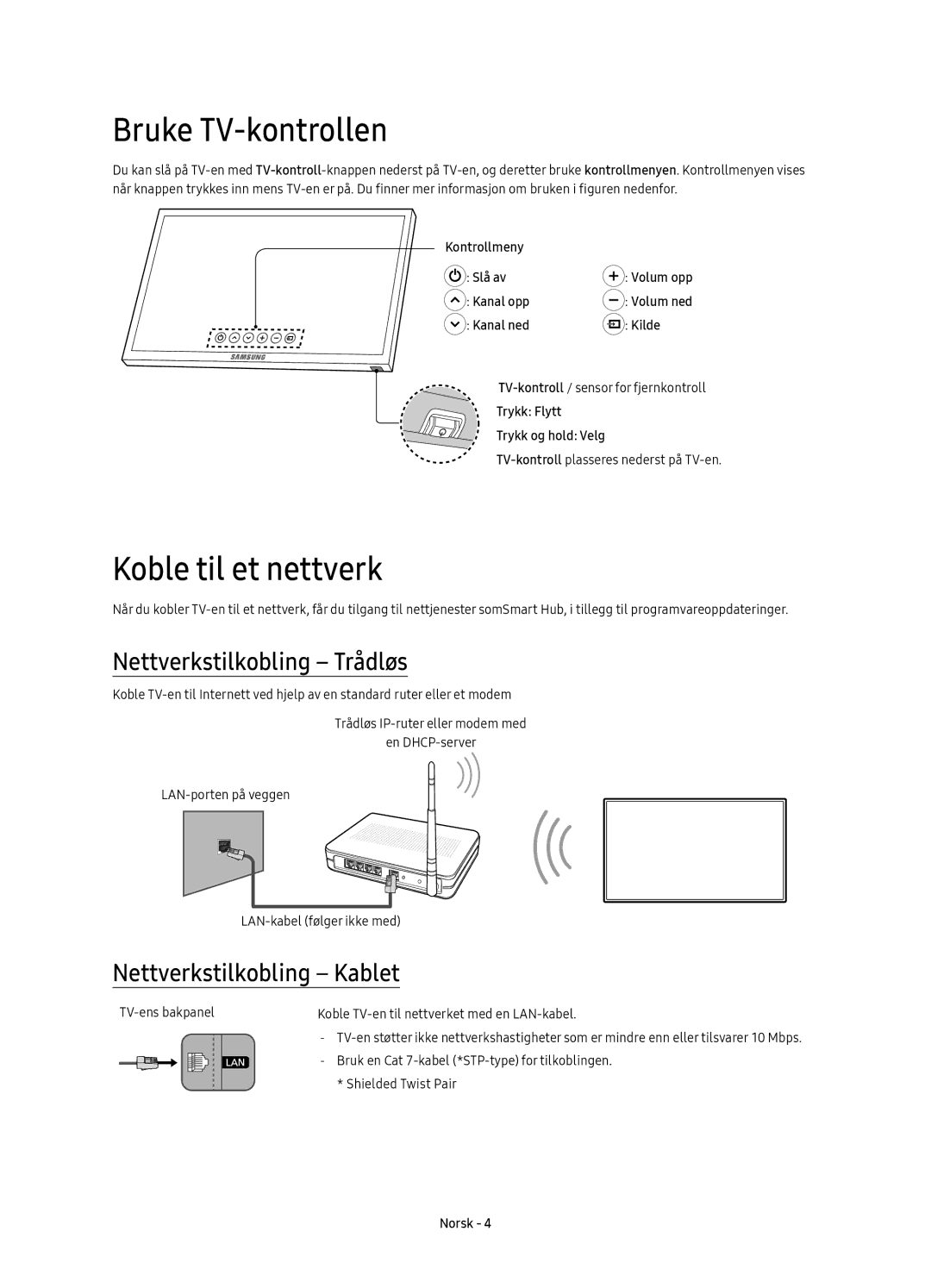 Samsung UE60KS7005UXXE Bruke TV-kontrollen, Koble til et nettverk, Nettverkstilkobling Trådløs, Nettverkstilkobling Kablet 