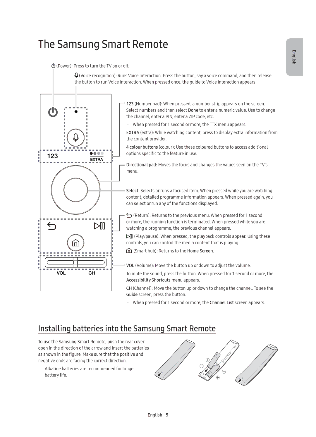 Samsung UE65KS7005UXXE manual Installing batteries into the Samsung Smart Remote, Power Press to turn the TV on or off 