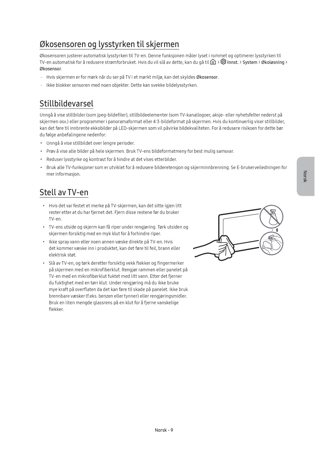 Samsung UE55KS7005UXXE, UE49KS7005UXXE manual Økosensoren og lysstyrken til skjermen, Stillbildevarsel, Stell av TV-en 