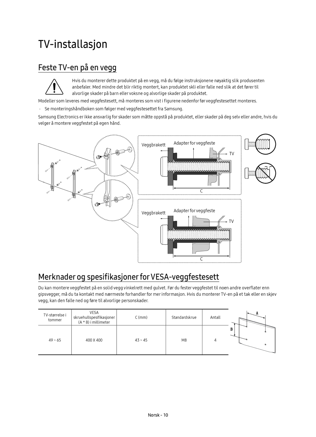 Samsung UE49KS7005UXXE manual TV-installasjon, Feste TV-en på en vegg, Merknader og spesifikasjoner for VESA-veggfestesett 