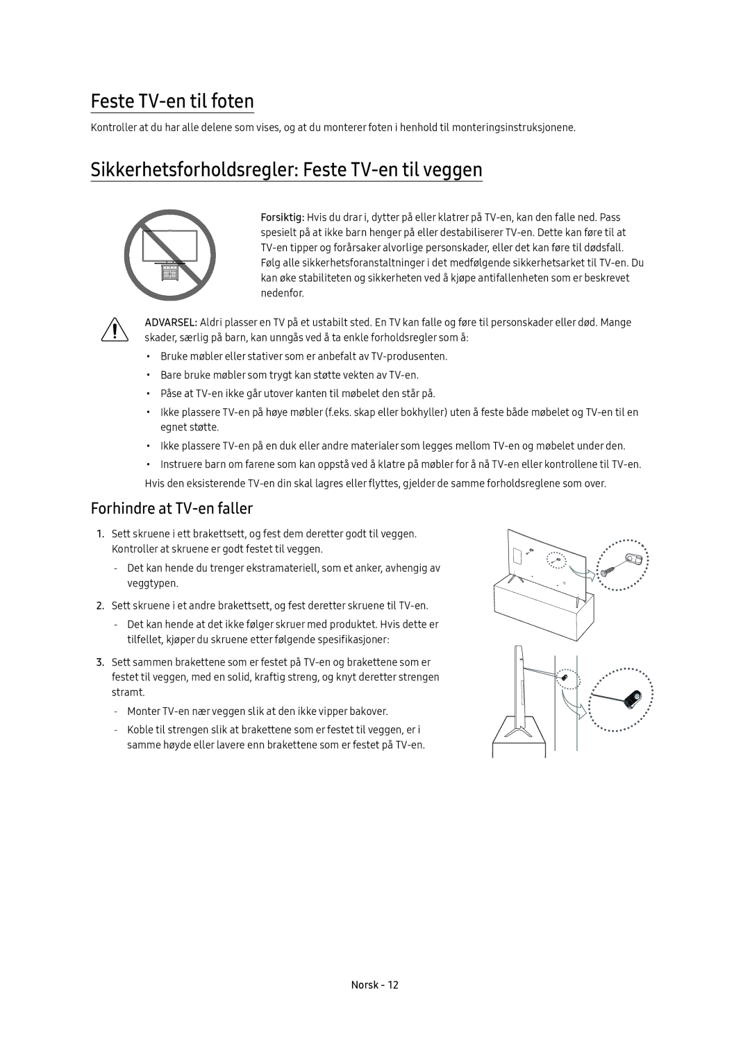 Samsung UE60KS7005UXXE Feste TV-en til foten, Sikkerhetsforholdsregler Feste TV-en til veggen, Forhindre at TV-en faller 