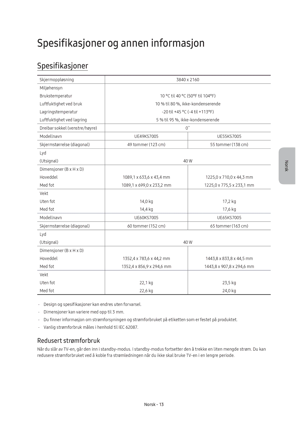 Samsung UE55KS7005UXXE, UE49KS7005UXXE, UE65KS7005UXXE manual Spesifikasjoner og annen informasjon, Redusert strømforbruk 