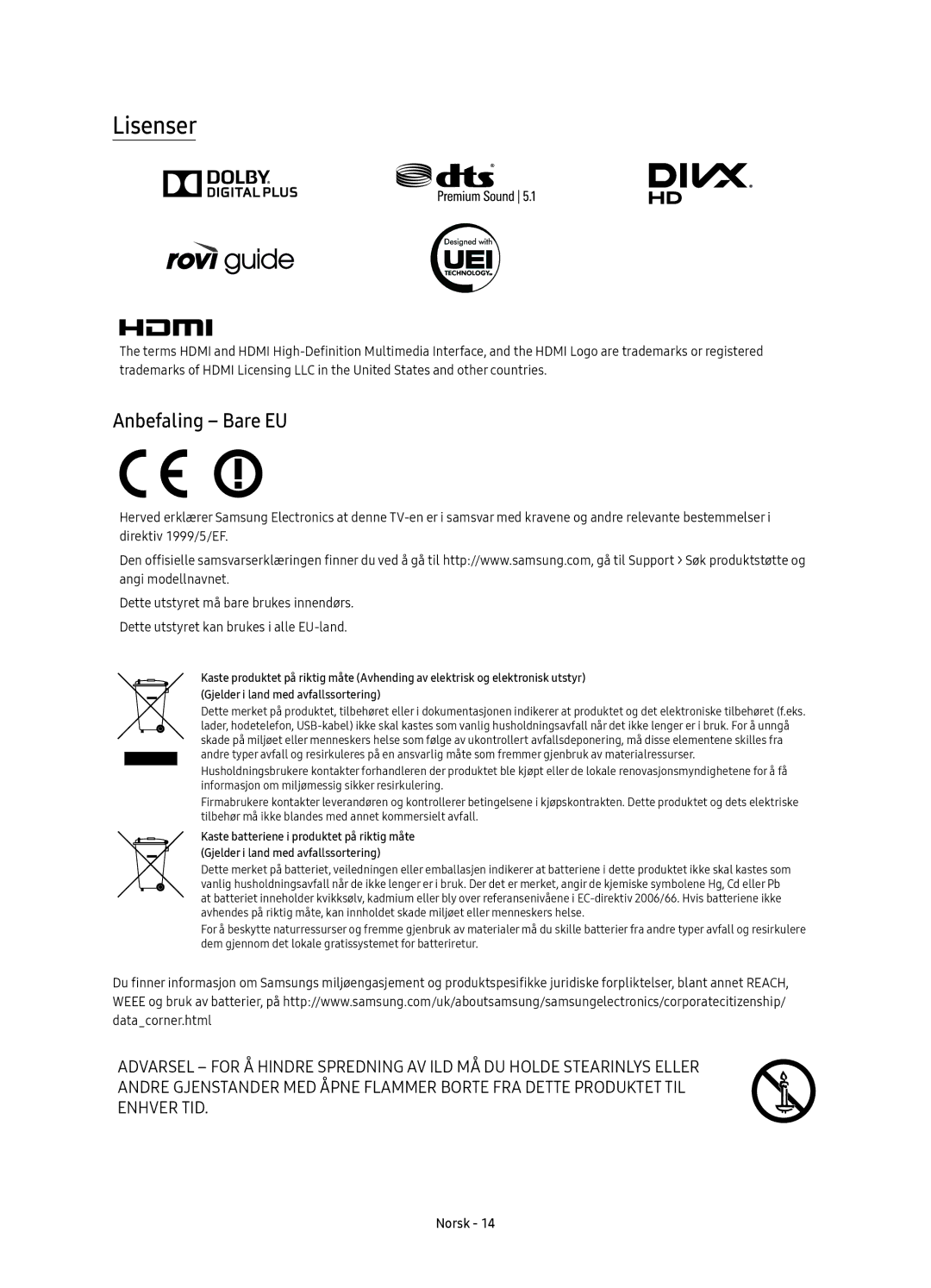 Samsung UE49KS7005UXXE, UE65KS7005UXXE, UE60KS7005UXXE, UE55KS7005UXXE manual Lisenser, Anbefaling Bare EU 