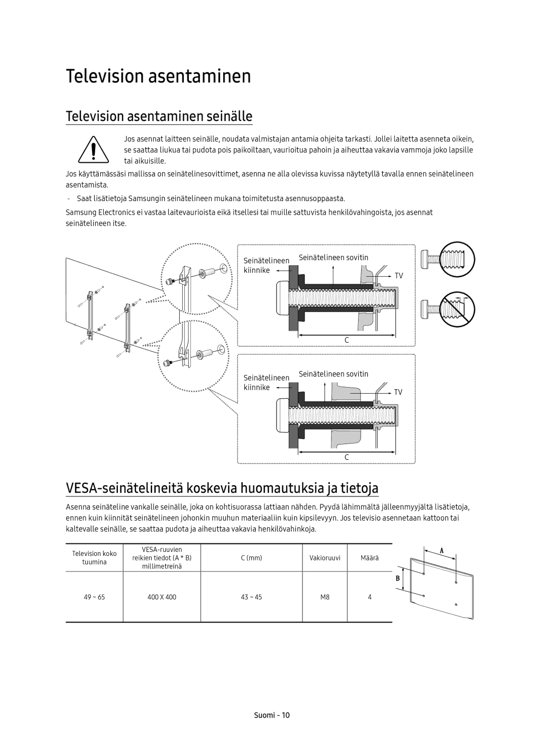 Samsung UE60KS7005UXXE manual Television asentaminen seinälle, VESA-seinätelineitä koskevia huomautuksia ja tietoja 