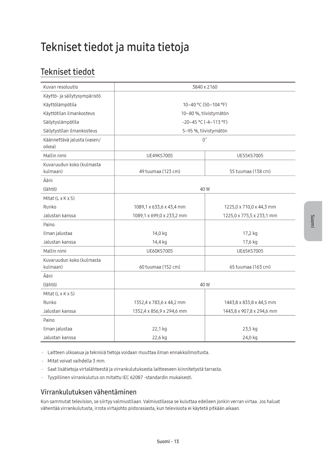 Samsung UE65KS7005UXXE, UE49KS7005UXXE, UE60KS7005UXXE manual Tekniset tiedot ja muita tietoja, Virrankulutuksen vähentäminen 