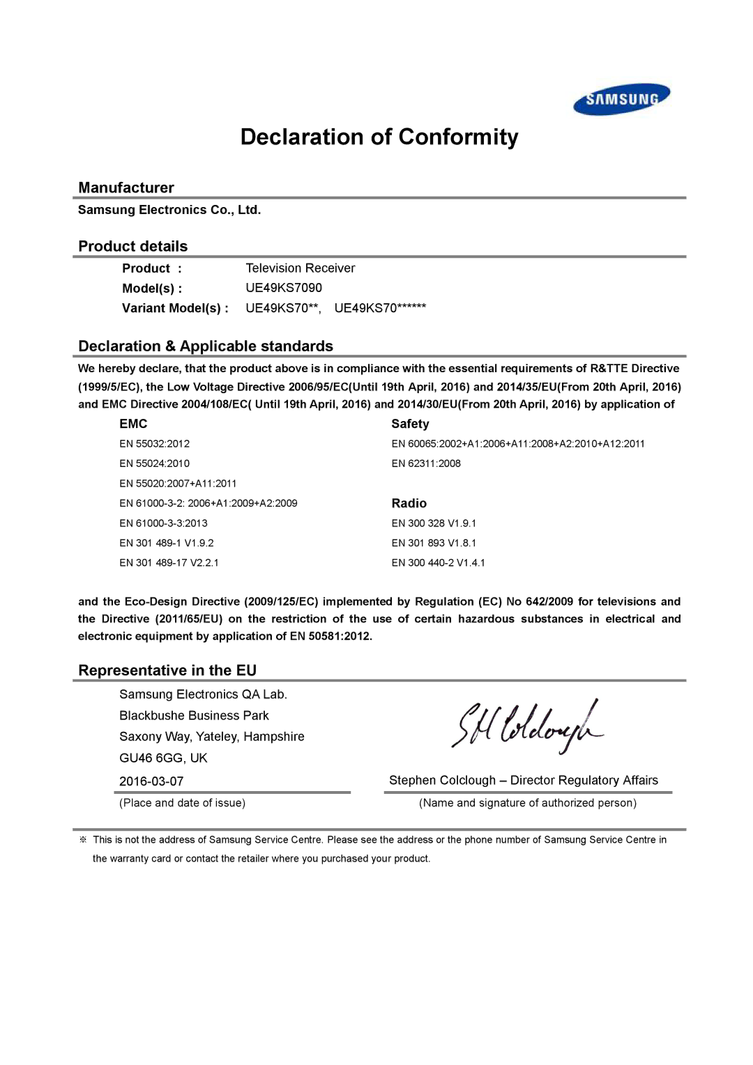 Samsung UE60KS7090UXZG manual Declaration of Conformity, Manufacturer Product details, Declaration & Applicable standards 