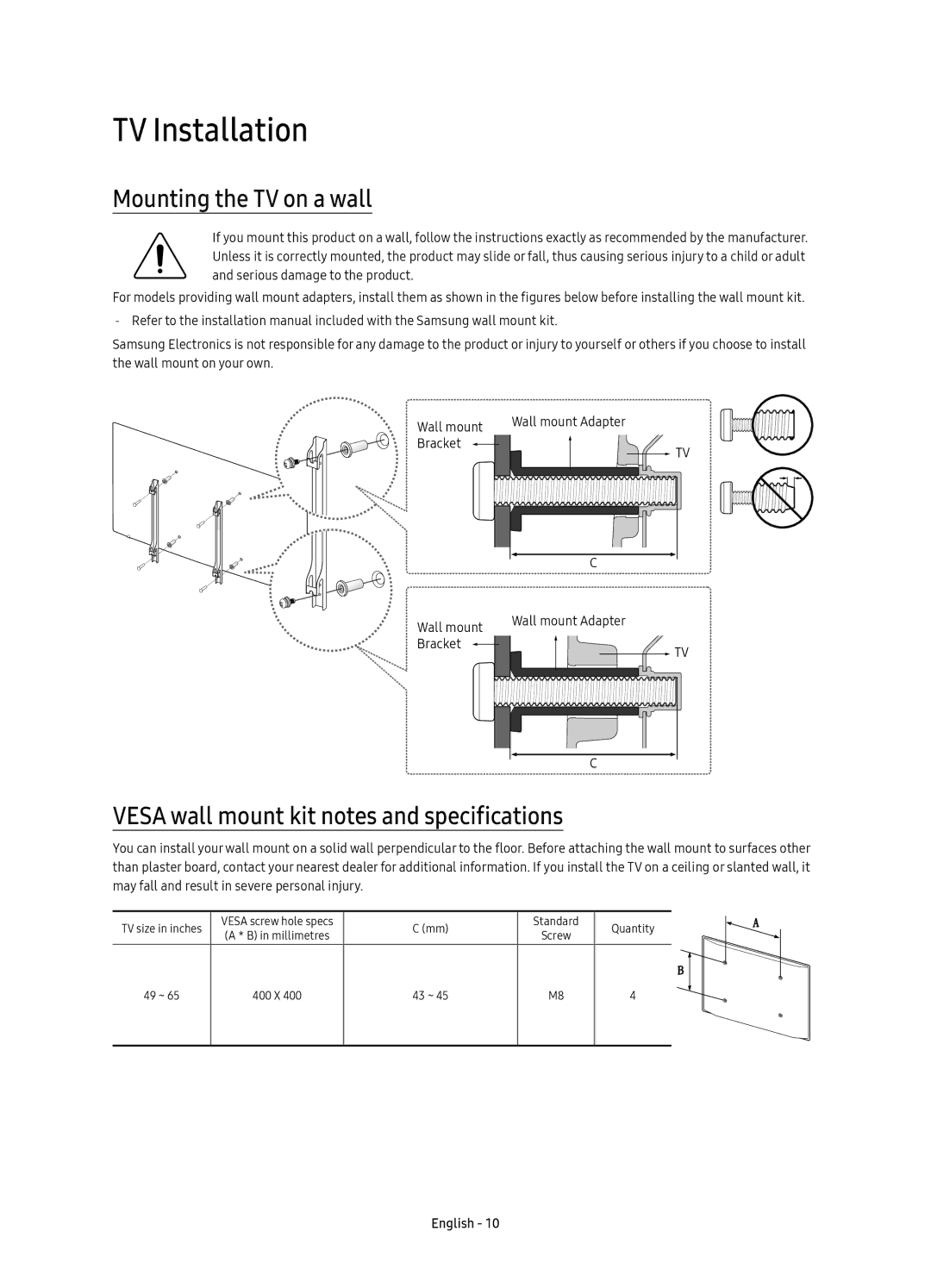 Samsung UE65KS7090UXZG manual TV Installation, Mounting the TV on a wall, Vesa wall mount kit notes and specifications 