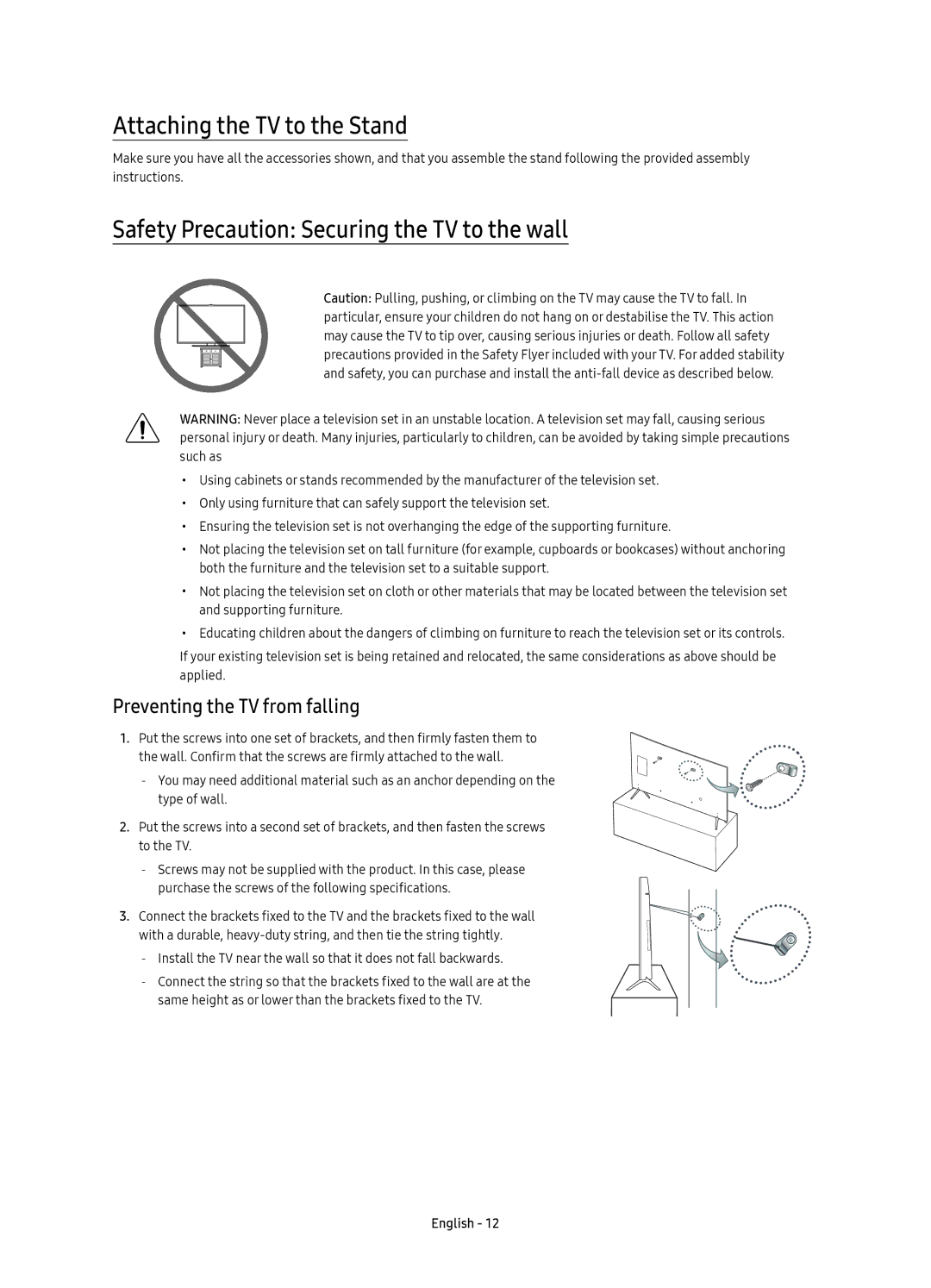 Samsung UE60KS7080UXZG, UE49KS7090UXZG manual Attaching the TV to the Stand, Safety Precaution Securing the TV to the wall 