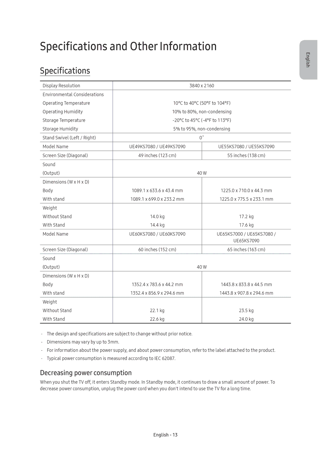 Samsung UE49KS7080UXZG, UE49KS7090UXZG, UE60KS7090UXZG Specifications and Other Information, Decreasing power consumption 