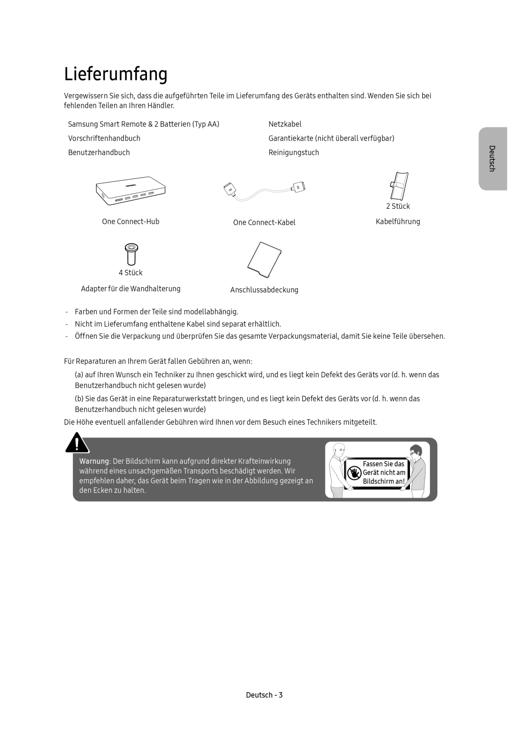 Samsung UE60KS7090UXZG, UE49KS7090UXZG, UE65KS7090UXZG, UE55KS7090UXZG, UE60KS7080UXZG, UE49KS7080UXZG manual Lieferumfang 