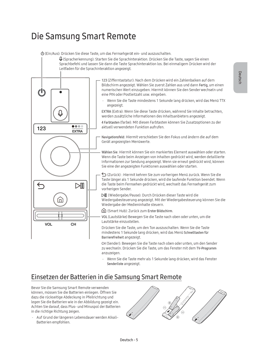 Samsung UE55KS7090UXZG, UE49KS7090UXZG manual Die Samsung Smart Remote, Einsetzen der Batterien in die Samsung Smart Remote 