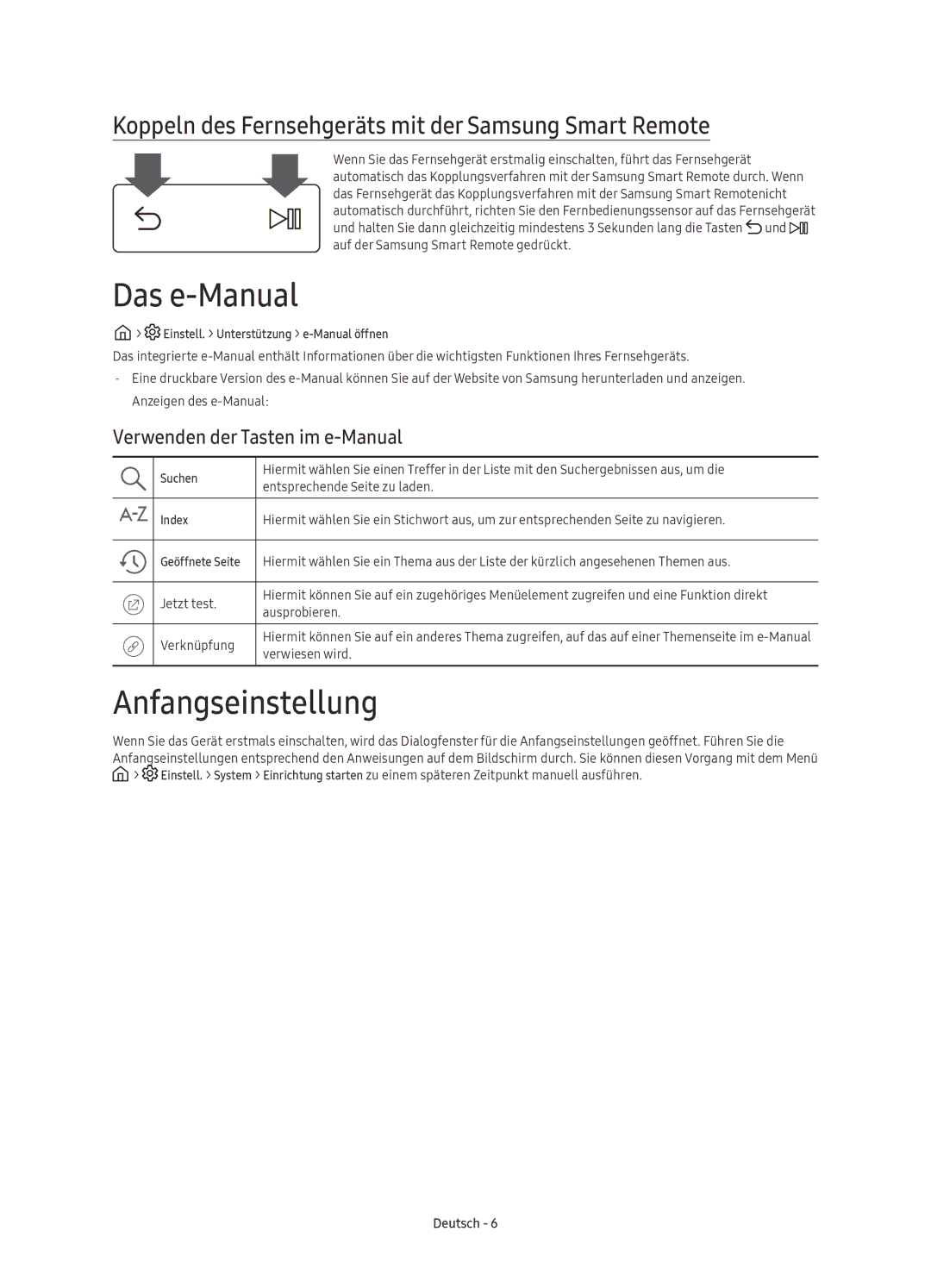 Samsung UE60KS7080UXZG manual Das e-Manual, Anfangseinstellung, Koppeln des Fernsehgeräts mit der Samsung Smart Remote 