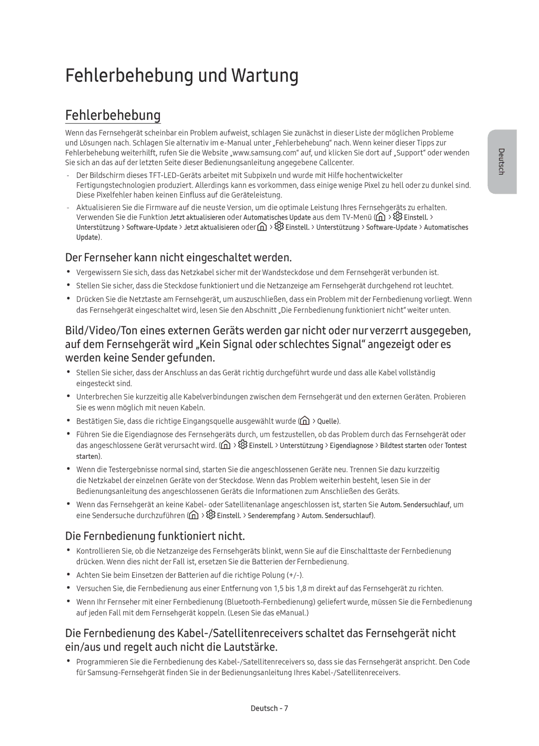 Samsung UE49KS7080UXZG, UE49KS7090UXZG manual Fehlerbehebung und Wartung, Der Fernseher kann nicht eingeschaltet werden 