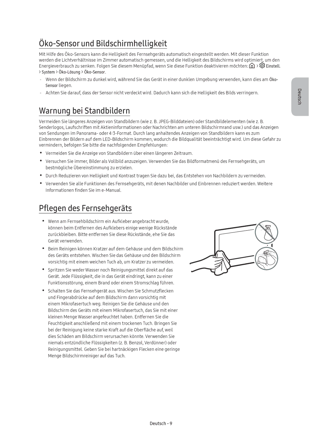 Samsung UE55KS7080UXZG manual Öko-Sensor und Bildschirmhelligkeit, Warnung bei Standbildern, Pflegen des Fernsehgeräts 