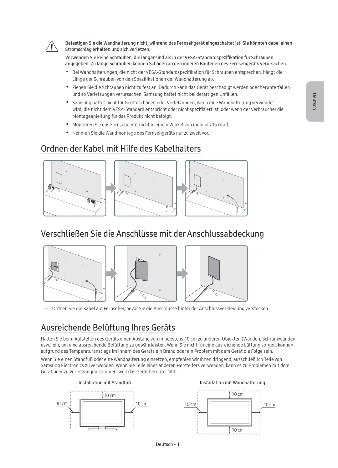 Samsung UE60KS7090UXZG, UE49KS7090UXZG, UE65KS7090UXZG, UE55KS7090UXZG, UE60KS7080UXZG Ausreichende Belüftung Ihres Geräts 