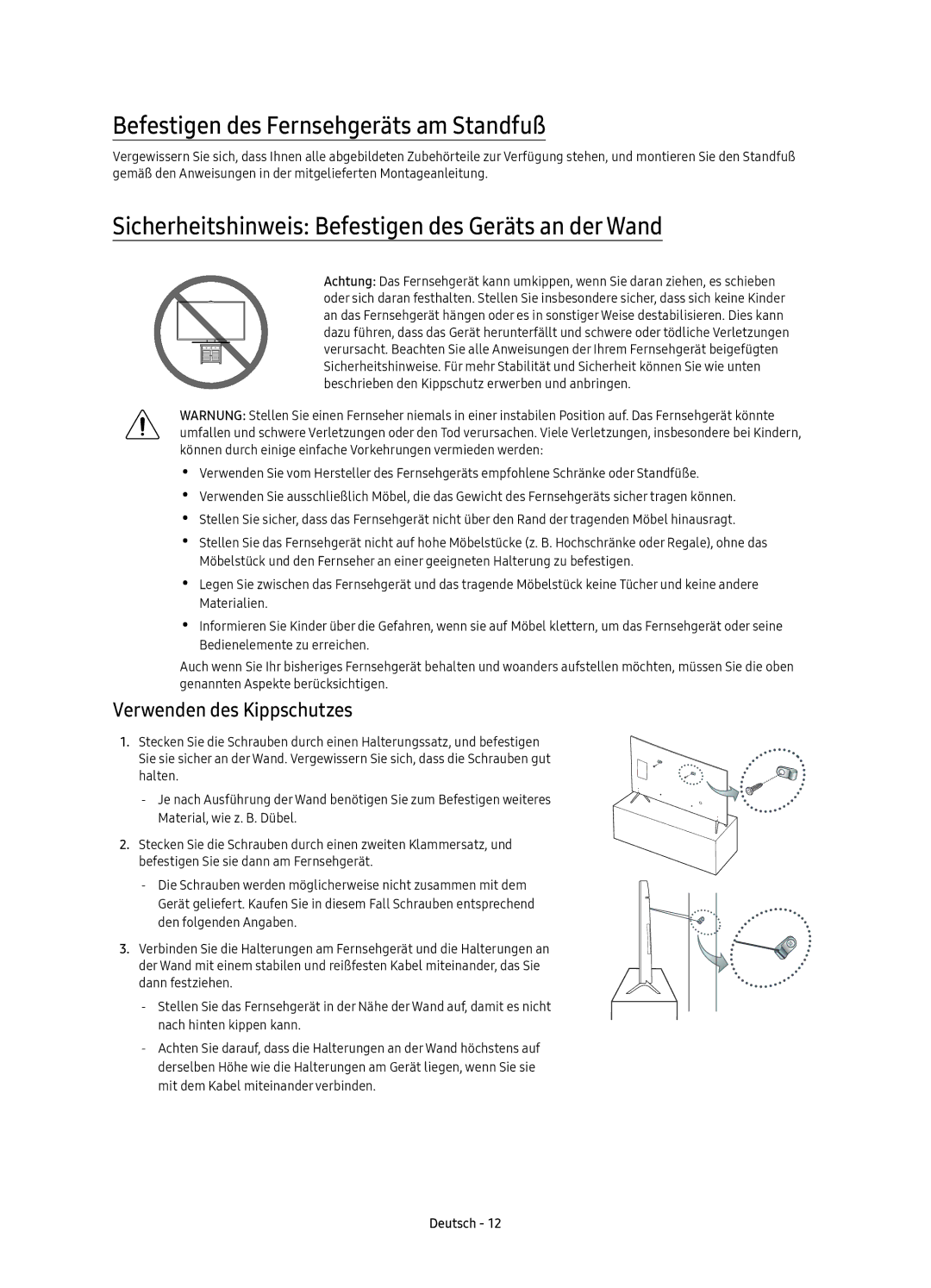 Samsung UE65KS7090UXZG Befestigen des Fernsehgeräts am Standfuß, Sicherheitshinweis Befestigen des Geräts an der Wand 