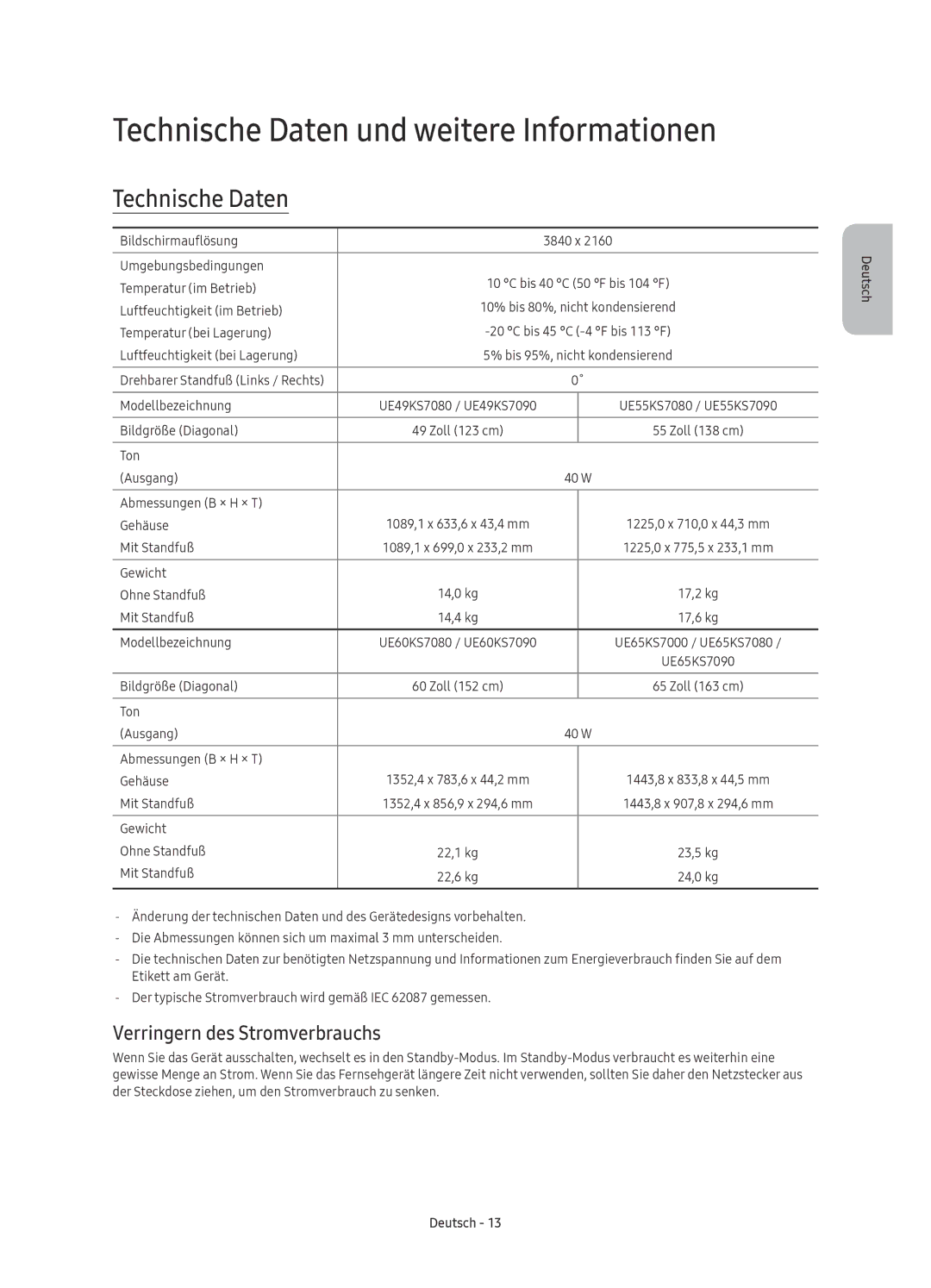 Samsung UE55KS7090UXZG, UE49KS7090UXZG manual Technische Daten und weitere Informationen, Verringern des Stromverbrauchs 