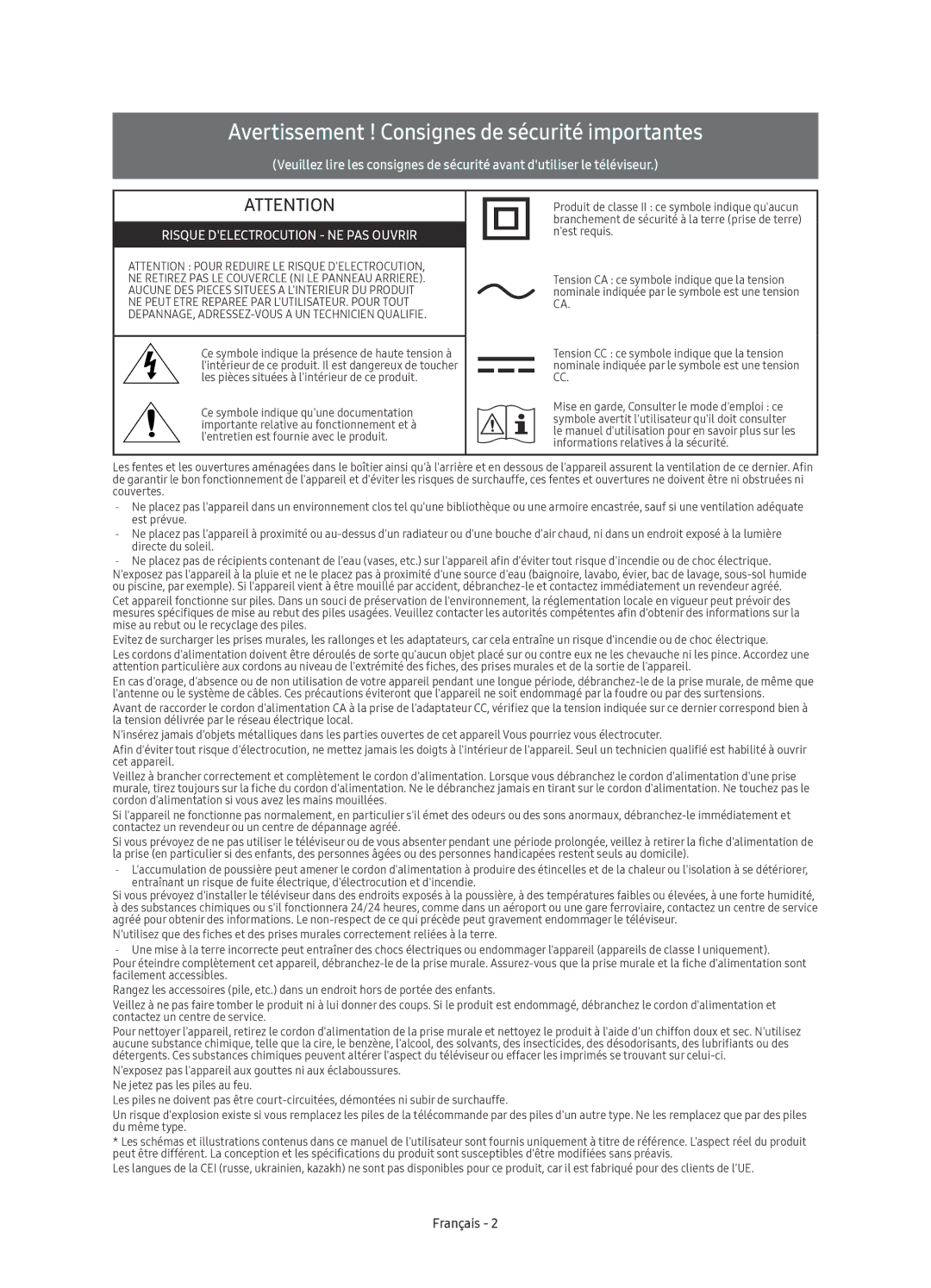 Samsung UE65KS7080UXZG, UE49KS7090UXZG, UE60KS7090UXZG, UE65KS7090UXZG Avertissement ! Consignes de sécurité importantes 