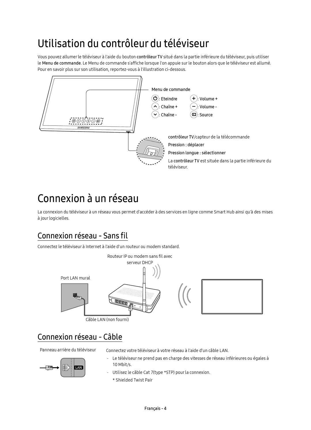 Samsung UE49KS7090UXZG manual Utilisation du contrôleur du téléviseur, Connexion à un réseau, Connexion réseau Sans fil 