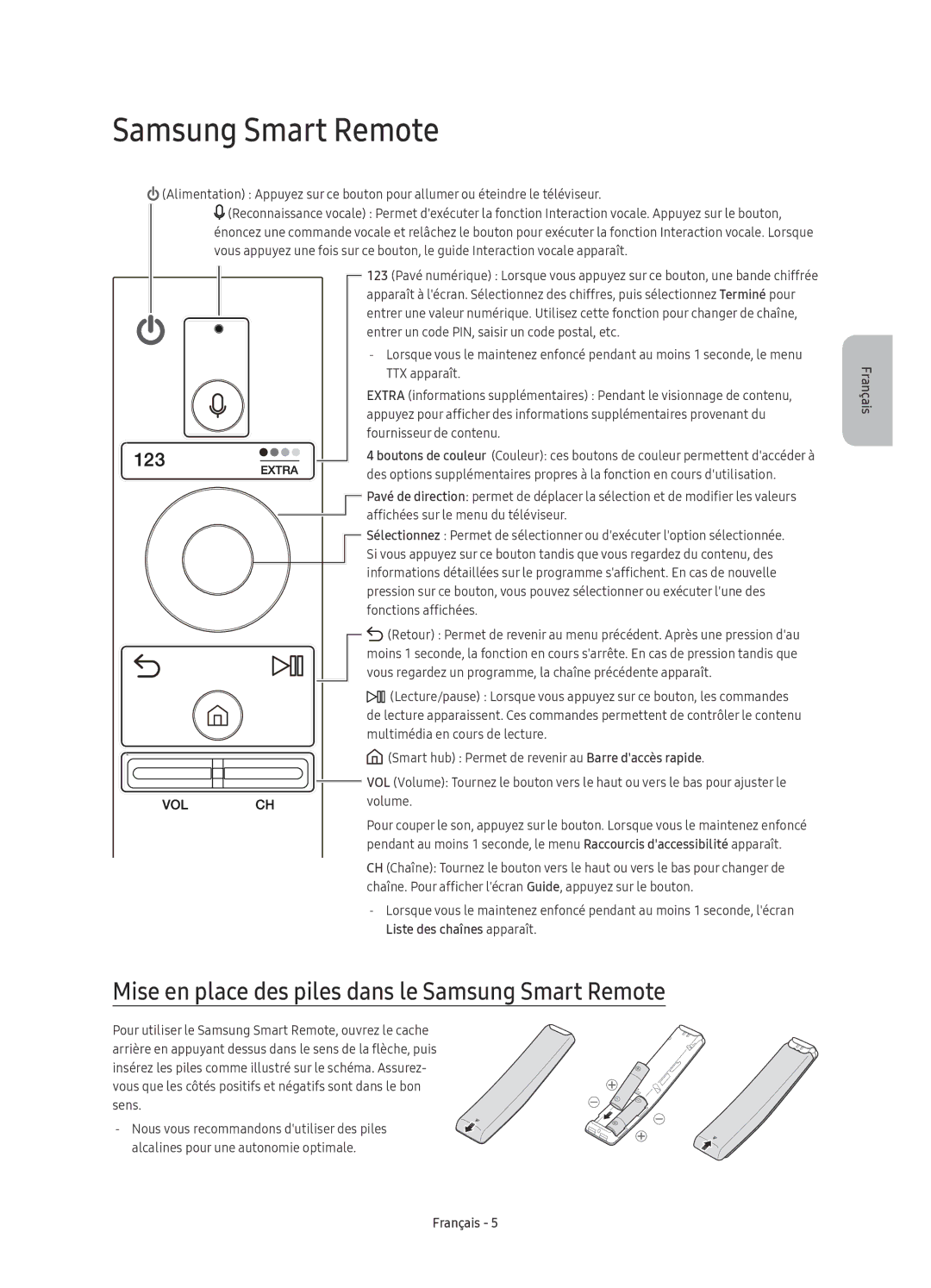 Samsung UE60KS7090UXZG, UE49KS7090UXZG, UE65KS7090UXZG manual Mise en place des piles dans le Samsung Smart Remote 